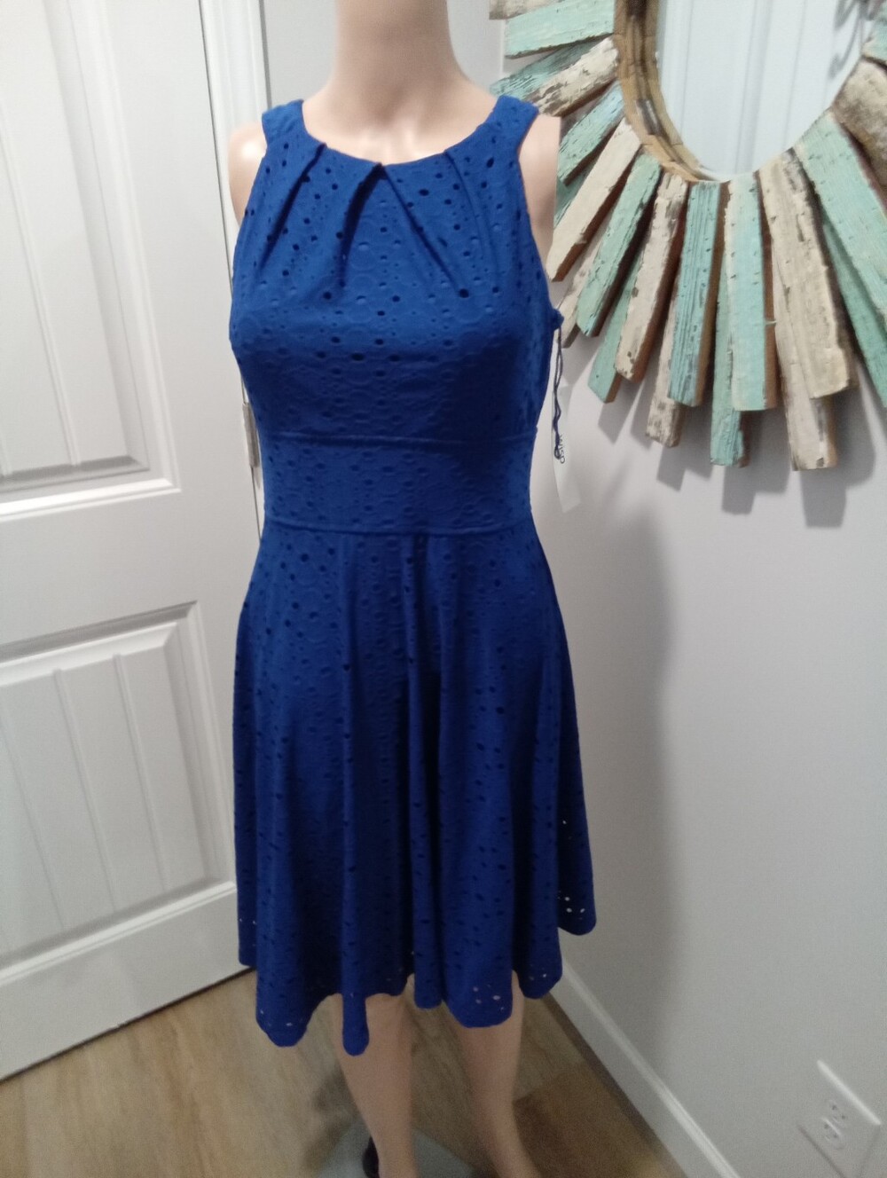 Wisp Sz 2 Cobalt Blue Eyelet Knit A-Line Dress Highneck Boxpleated HalterBodice